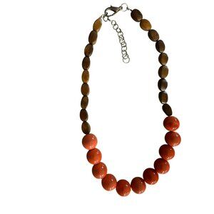 Wood & Orange Ceramic Beaded Necklace With Adjustable Lobster Clasp Closure